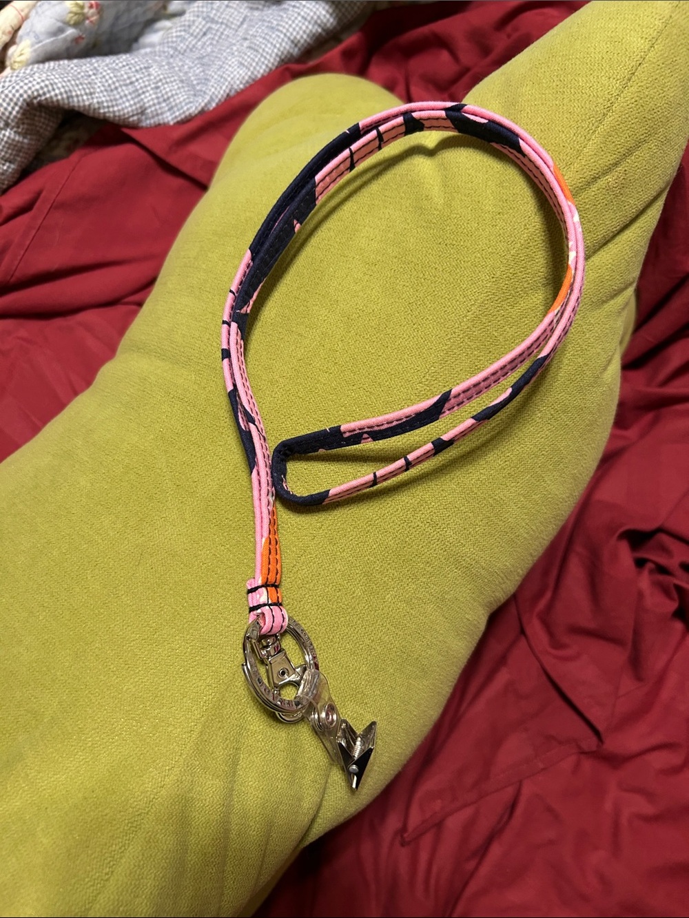 Vera Bradley Pink and Navy Lanyard with Silver Clip